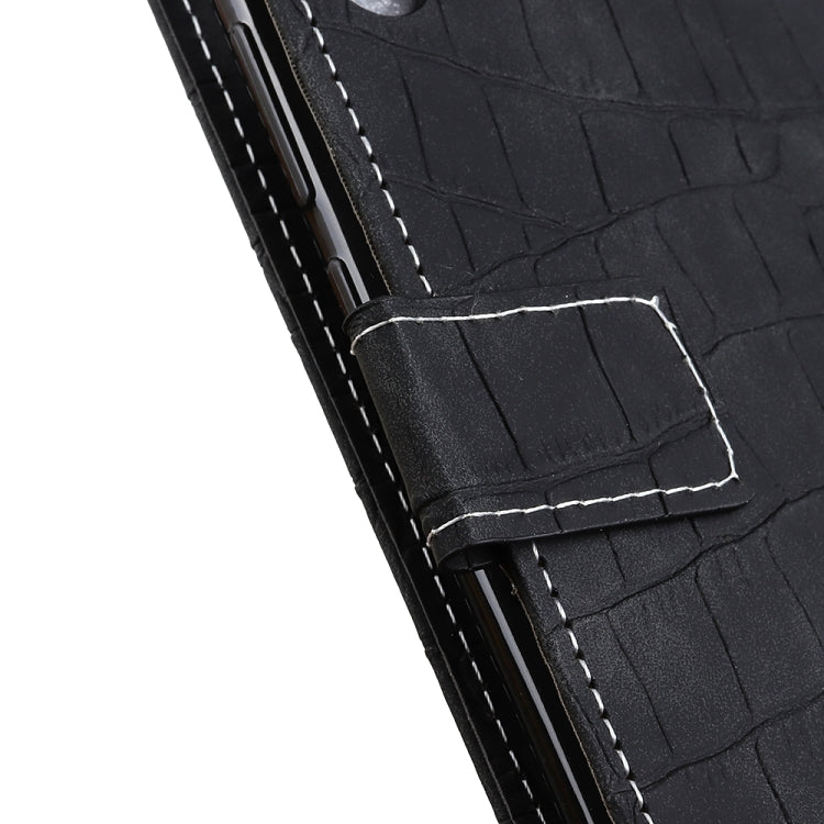 Black crocodile-texture flip leather phone case with side button cutout and stitching