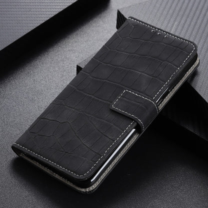 Black crocodile-texture magnetic flip leather phone case, front flap closed