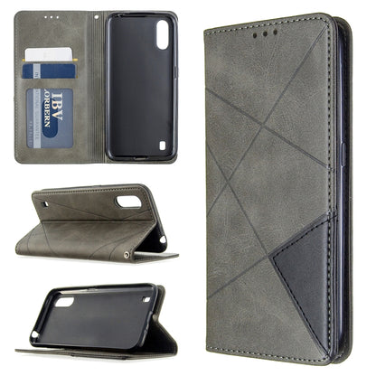 Magnetic leather phone wallet case, grey rhombus texture, flip cover with card slots