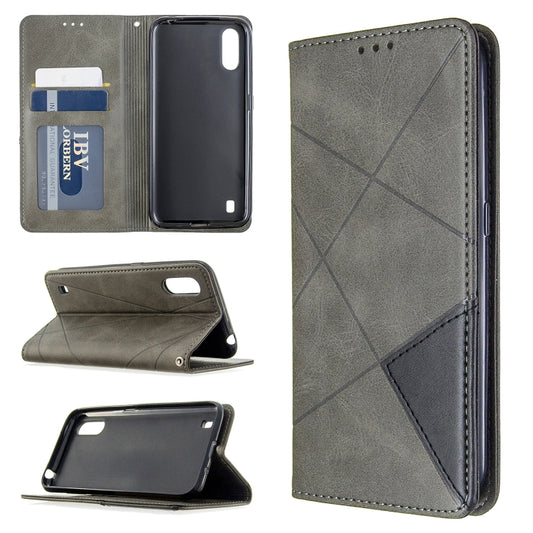 Magnetic leather phone wallet case, grey rhombus texture, flip cover with card slots