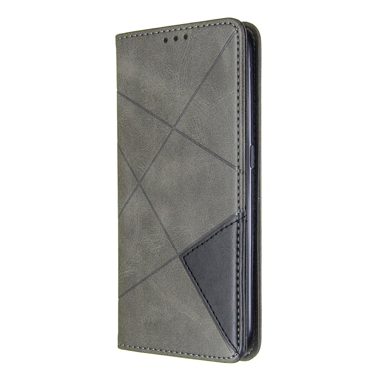 Magnetic leather phone wallet case, grey rhombus texture, slim flip cover with side cutouts