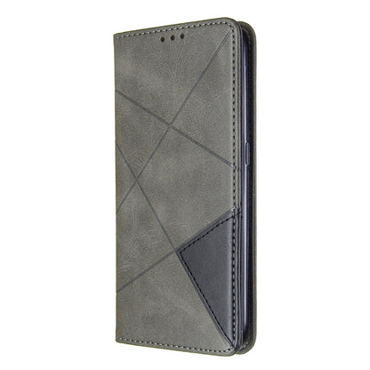Magnetic leather phone wallet case, grey rhombus texture, slim flip cover with side cutouts