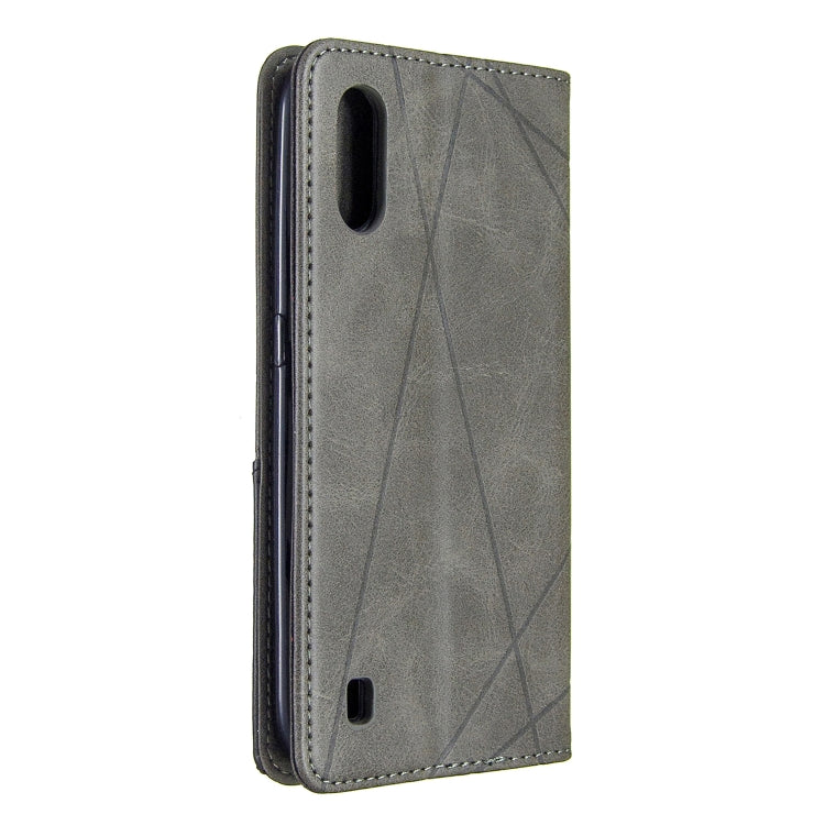 Magnetic leather phone wallet case, grey rhombus texture, back view with camera and speaker cutouts