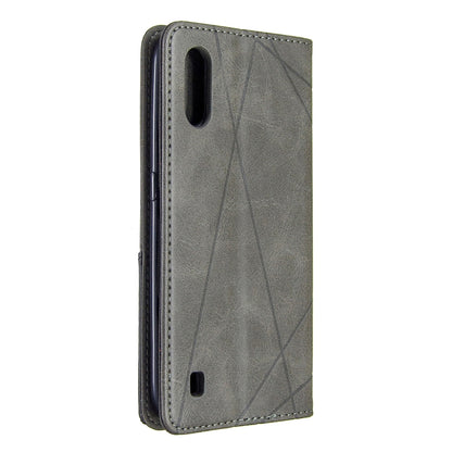 Magnetic leather phone wallet case, grey rhombus texture, back view with camera and speaker cutouts
