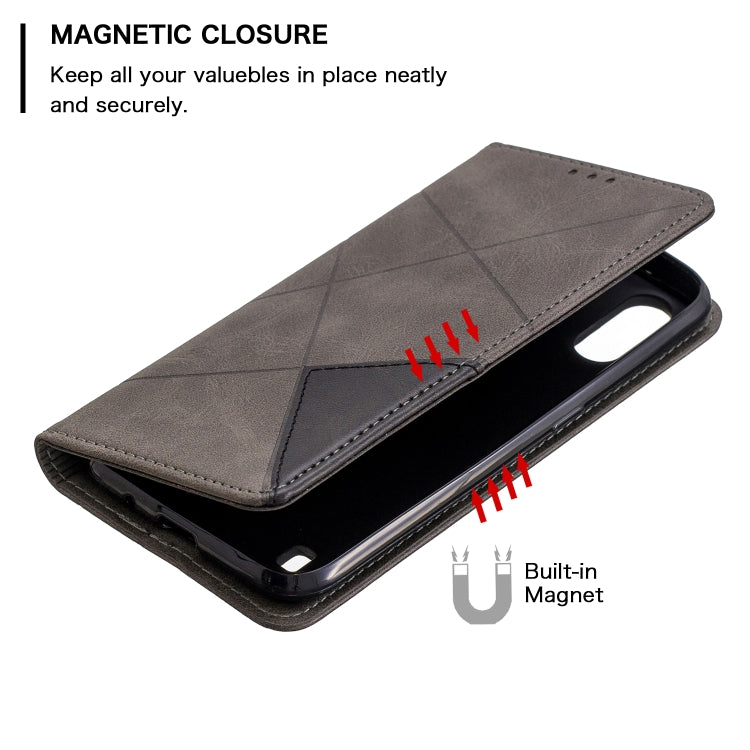 Magnetic leather phone wallet case, grey rhombus texture, front flap closed with magnetic closure