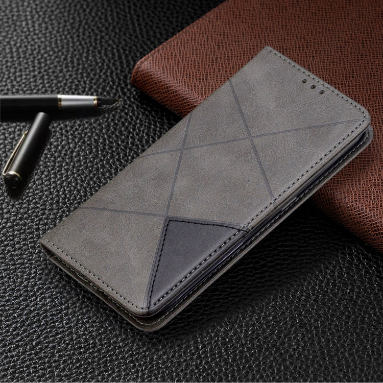 Magnetic leather phone wallet case, grey rhombus texture, folded flip cover with card window