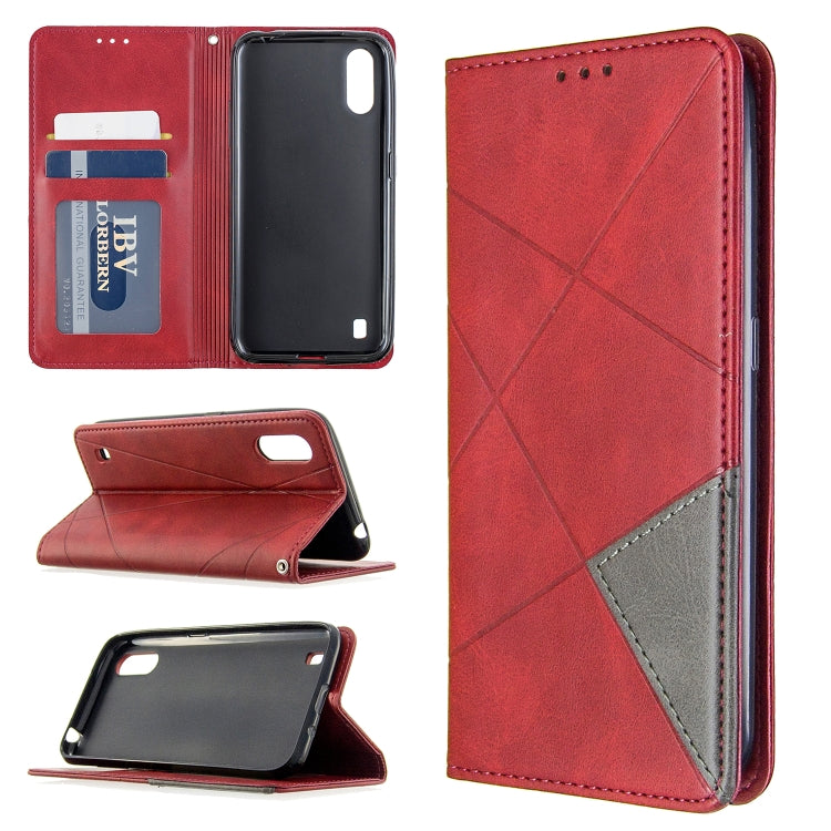 Magnetic leather phone wallet case, red rhombus texture, flip cover with card slots