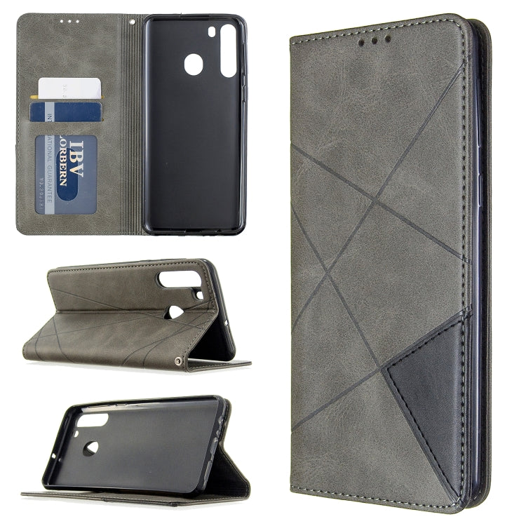 Magnetic leather flip wallet phone case with card slots, gray rhombus texture, stand cover