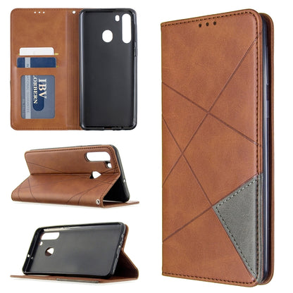 Magnetic leather flip wallet phone case with card slots, brown rhombus texture, stand cover