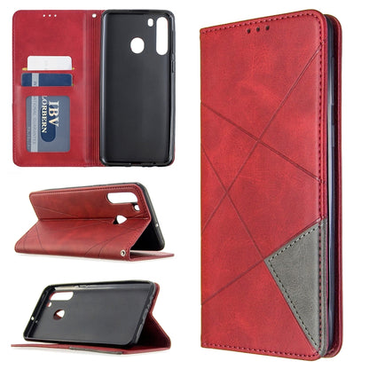 Magnetic leather flip wallet phone case with card slots, red rhombus texture, stand cover
