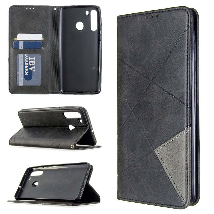 Magnetic leather flip wallet phone case with card slots, dark gray rhombus texture, stand cover