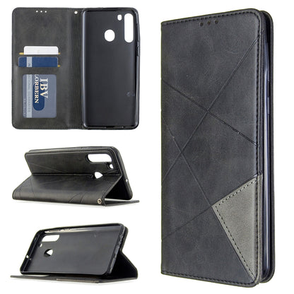 Magnetic leather flip wallet phone case with card slots, dark gray rhombus texture, stand cover