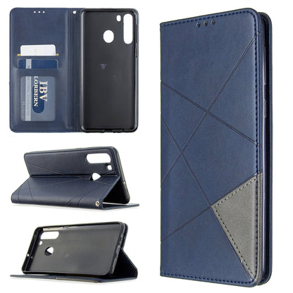 Magnetic leather flip wallet phone case with card slots, navy blue rhombus texture, stand cover