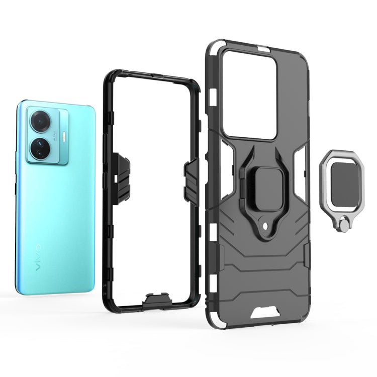 Shockproof phone case with magnetic ring holder, black frame with clear window
