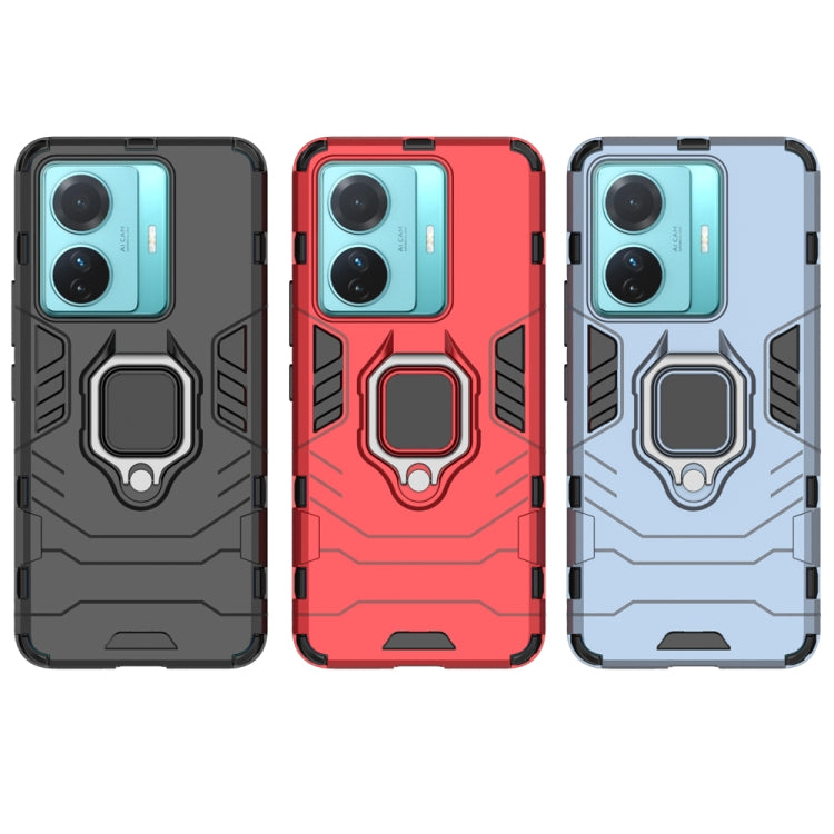 Shockproof phone case with magnetic ring holder in black, red, and blue-gray