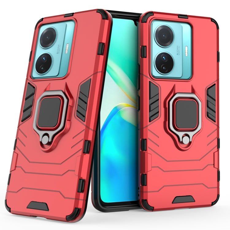 Shockproof phone case with magnetic ring holder, red PC and TPU