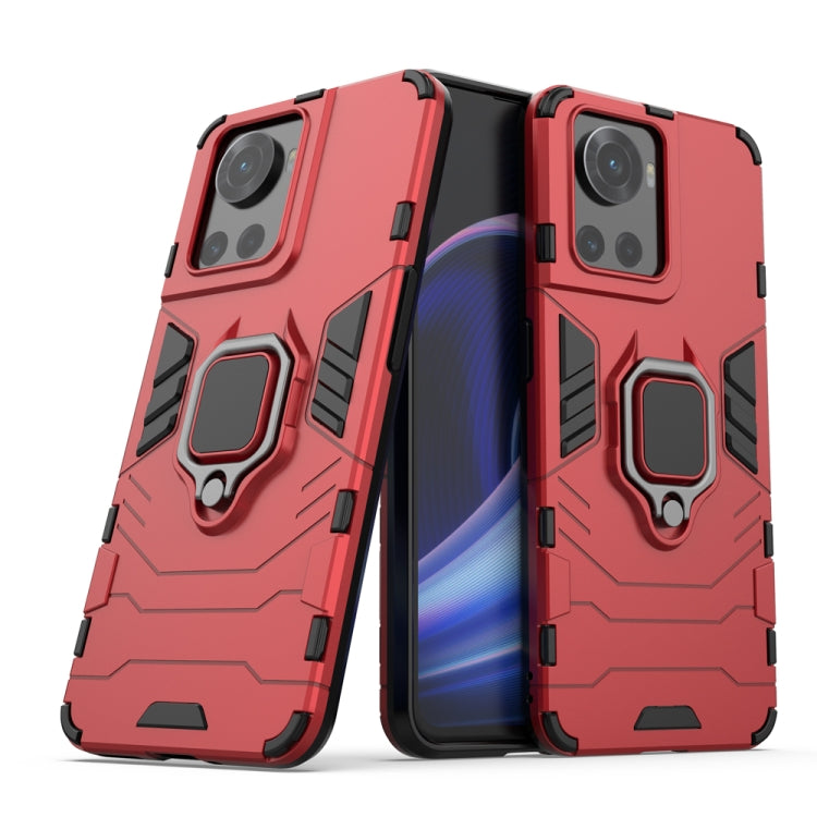 Red shockproof phone case with magnetic ring holder and raised camera protection