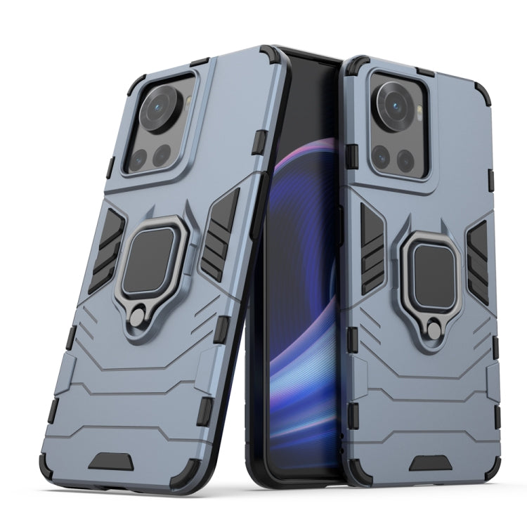 Light gray shockproof phone case with magnetic ring holder and raised camera protection