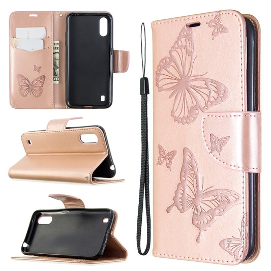 Rose gold embossed butterfly wallet phone case with card slots and wrist lanyard strap