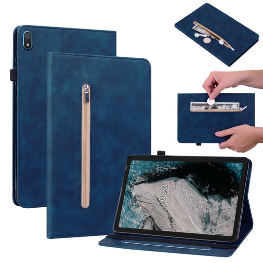 Blue leather tablet case with zipper pocket and front stand, showing tablet front