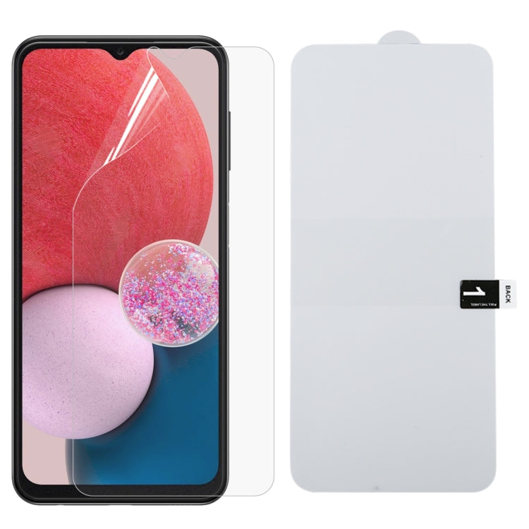 Hydrogel full-screen phone protector film with curved edges, clear sheet.