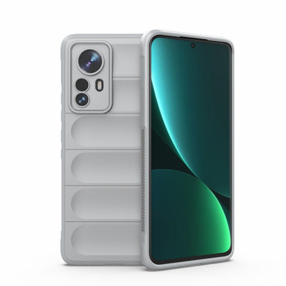 Light gray TPU flannel phone case with raised camera cutouts and textured grip