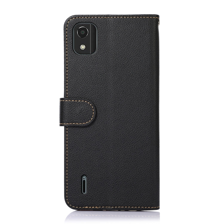 Black leather phone wallet case with top camera cutout and side button cover
