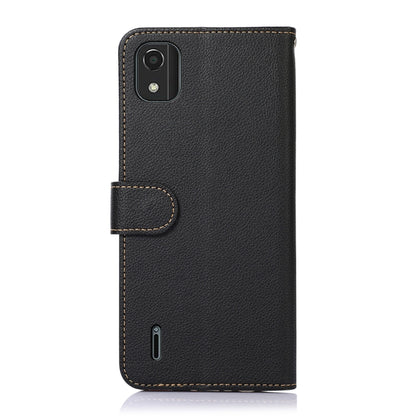 Black leather phone wallet case with top camera cutout and side button cover