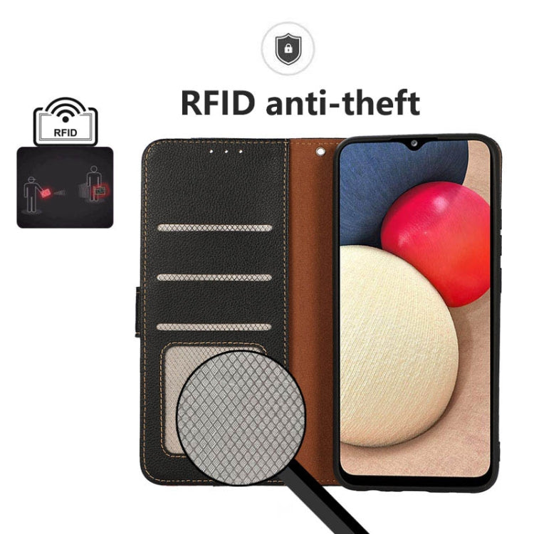 Brown and black leather phone wallet case with RFID protection label