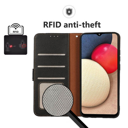 Brown and black leather phone wallet case with RFID protection label