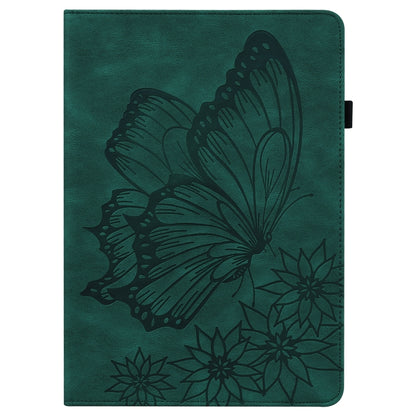 Green folio tablet case with large embossed butterfly and flower pattern on front