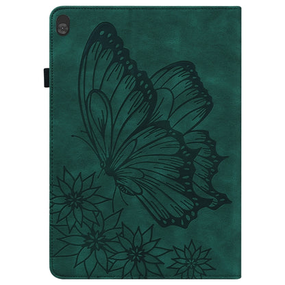 Green leather folio tablet case with embossed butterfly and floral design front