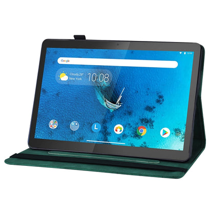 Green folio tablet case open as a stand, embossed butterfly on the cover