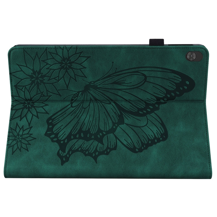 Green leather folio tablet case with embossed butterfly and flowers across cover