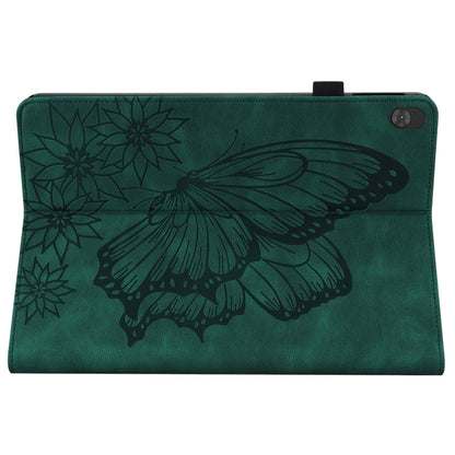 Green leather folio tablet case with embossed butterfly and flowers across cover