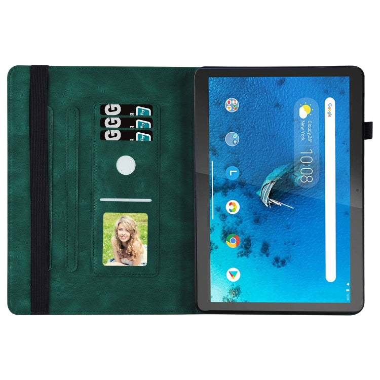 Green folio tablet case open view with interior card slots and tablet screen