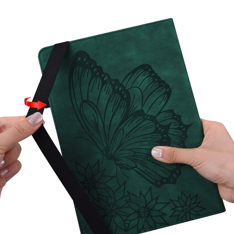 Green folio tablet case showing strap and embossed butterfly with flower border