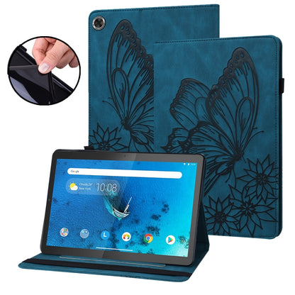 Blue embossed butterfly leather tablet case with folio stand, tablet screen visible