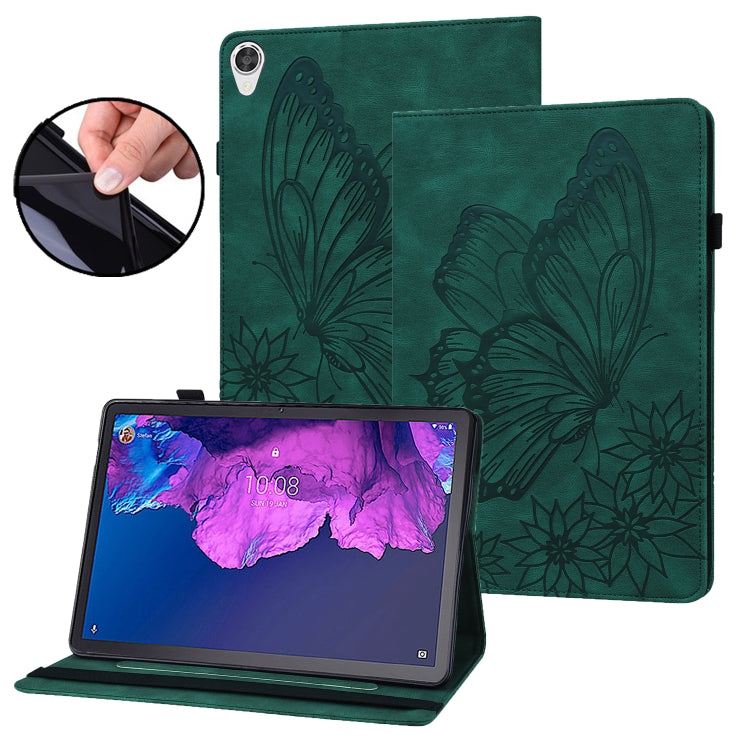 Green embossed butterfly leather tablet case with folio stand, front flap and back cover