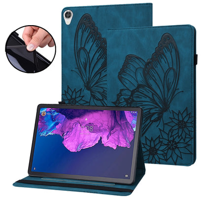 Blue embossed butterfly leather tablet case with folio stand, purple wallpaper on screen