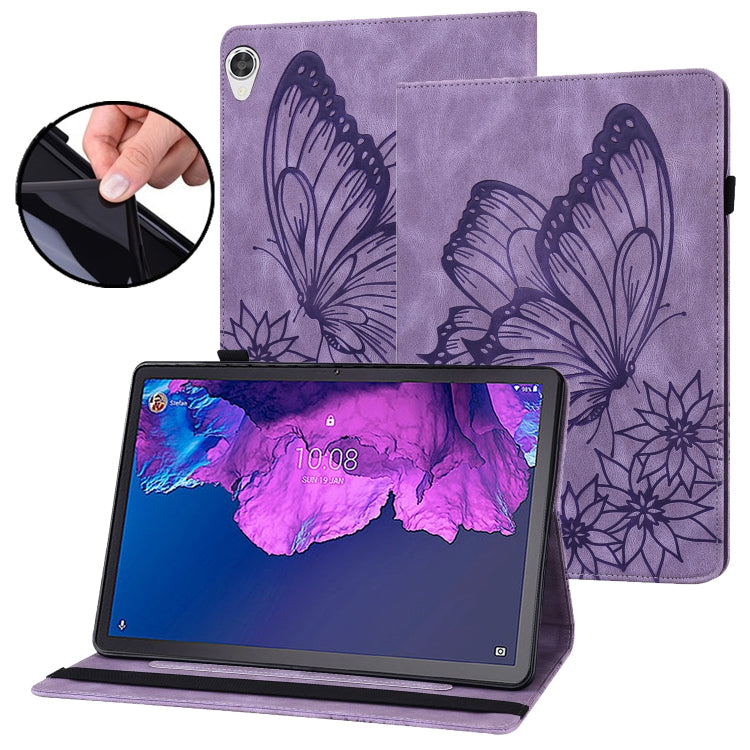 Purple embossed butterfly leather folio case with tablet screen opening and stand