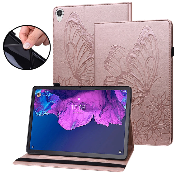Rose pink butterfly embossed leather tablet case, folio stand view with tablet protection