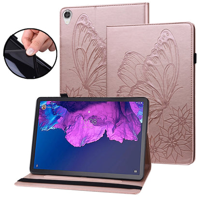 Rose pink butterfly embossed leather tablet case, folio stand view with tablet protection