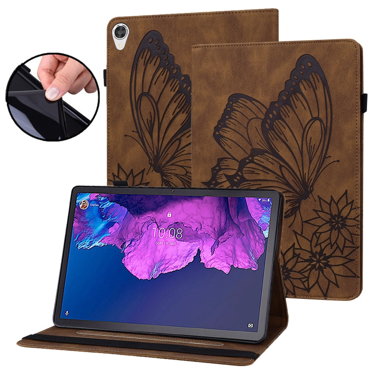 Brown butterfly embossed leather tablet case with folio stand, tablet visible through front