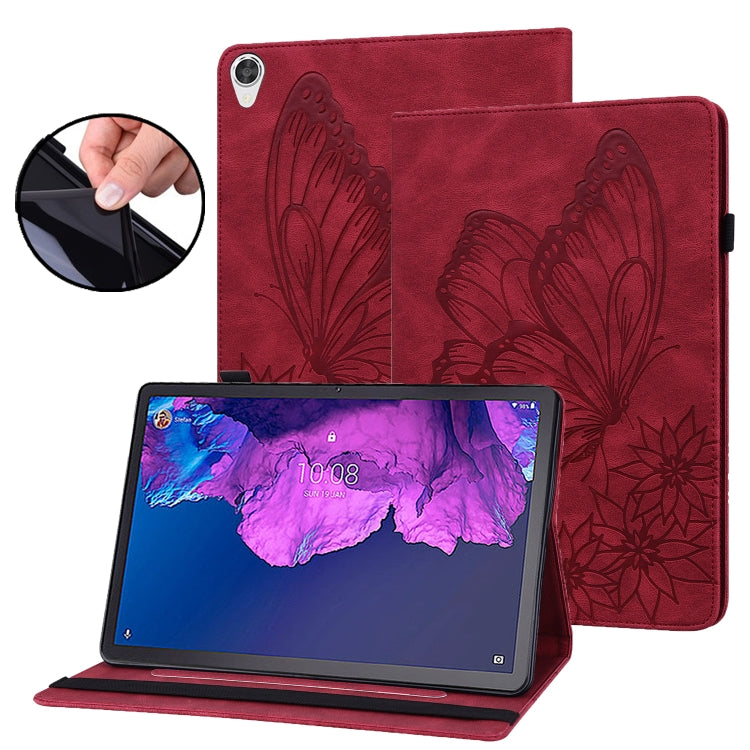Red embossed butterfly leather tablet case with stand, tablet shows purple landscape