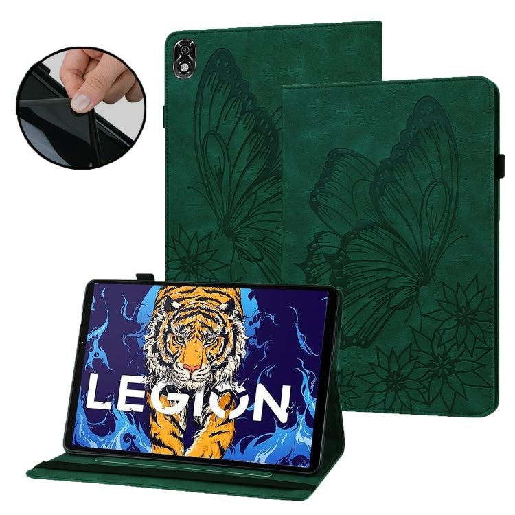 Green embossed butterfly leather folio tablet case with stand, showing tablet screen