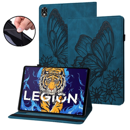 Blue embossed butterfly leather tablet case with folio stand, tiger wallpaper on screen