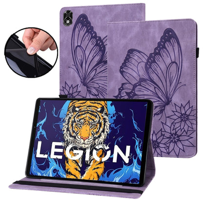Purple embossed butterfly leather folio case with tablet stand and camera cutout