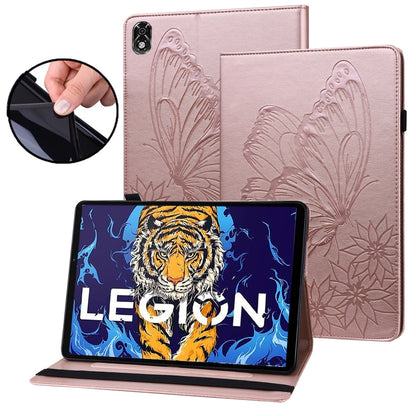 Rose pink butterfly embossed leather tablet case with stand, showing tablet in front cover