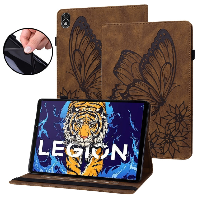 Brown butterfly embossed leather tablet case with stand, showing tablet screen in protective cover